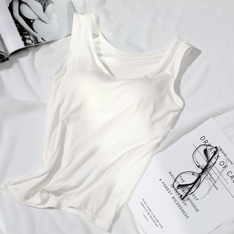 Women’s Padded Tank Top with Built In Bra Slim Fit Solid Color Vest