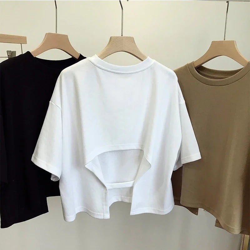 Women Backless Crop Top Short Sleeve Loose Casual Summer T Shirt