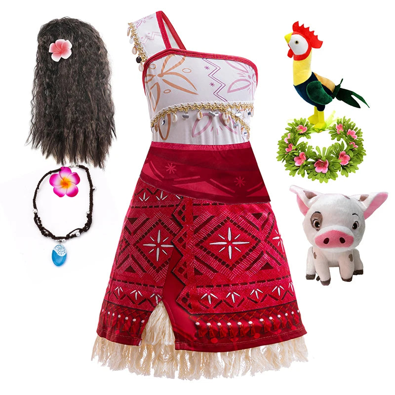 Girls Moana 2 Adventure Princess Costume Dress Halloween Outfit Vaiana Pet Pig Set