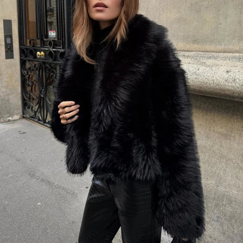 Women Faux Fur Short Coat Shawl Collar Winter Street Fashion Chic Overcoat