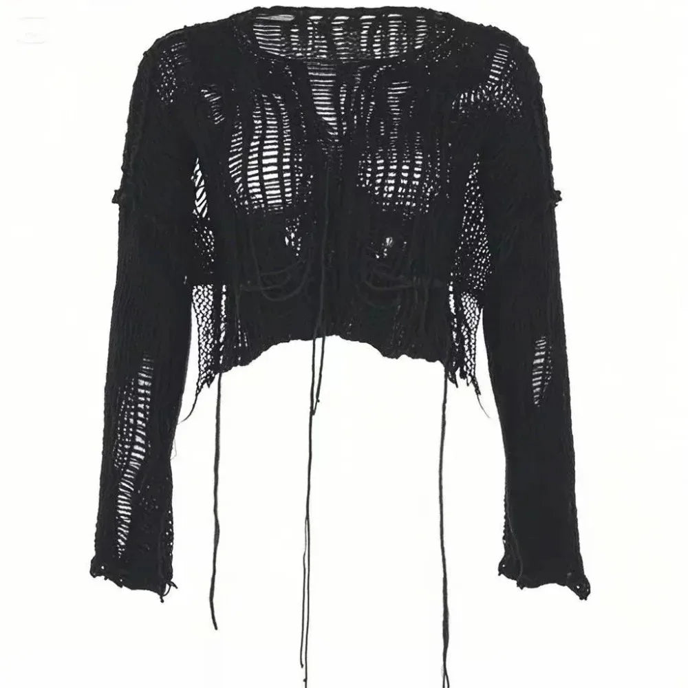 Women Y2K Cropped Cutout Knit Sweater Hollow Out Long Sleeve Sheer Pullover Top