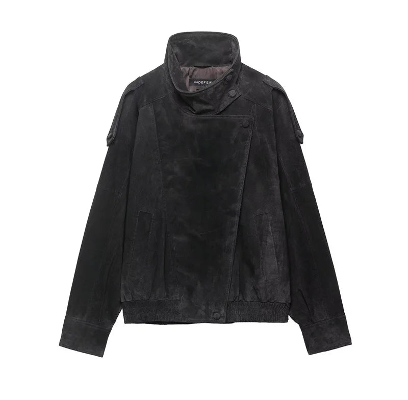 Women Black Faux Leather Jacket Long Sleeve Motorcycle Style Fall Fashion Coat