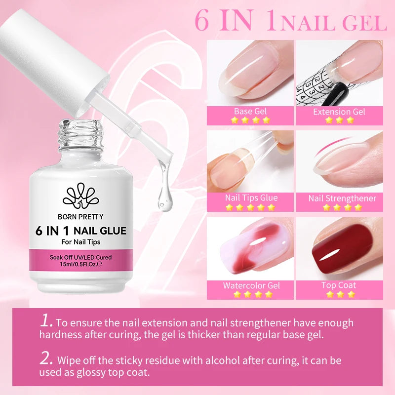 6-in-1 Nail Glue Gel – Strong UV Builder Gel for Nail Tips, Base, Top Coat & Extension