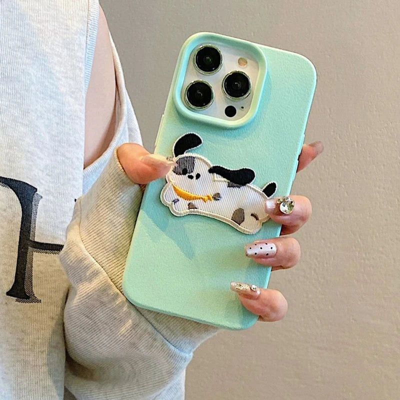 Cute 3D Cartoon Embroidery Puppy Leather Pattern iPhone Case