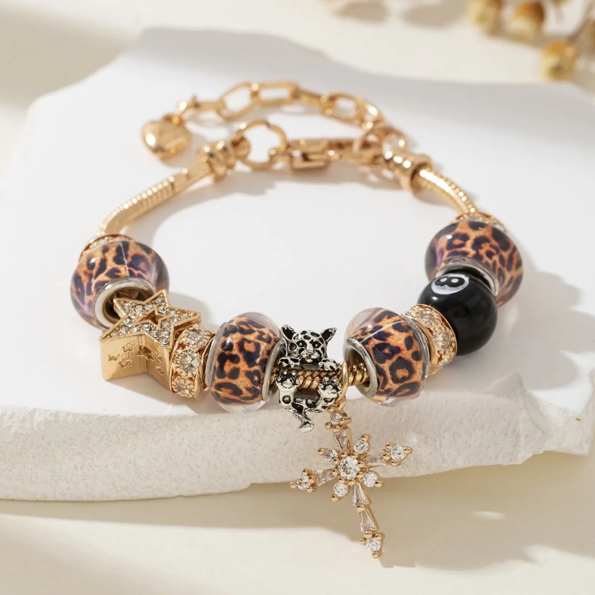 Women Adjustable Gold Charm Bracelet Leopard Rhinestone Star Cross