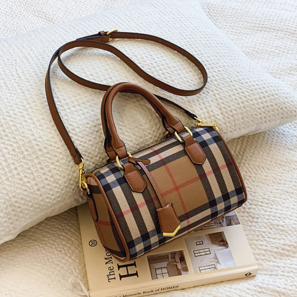 Large Capacity Plaid Shoulder Tote Bag PU Crossbody Bag with Adjustable Strap