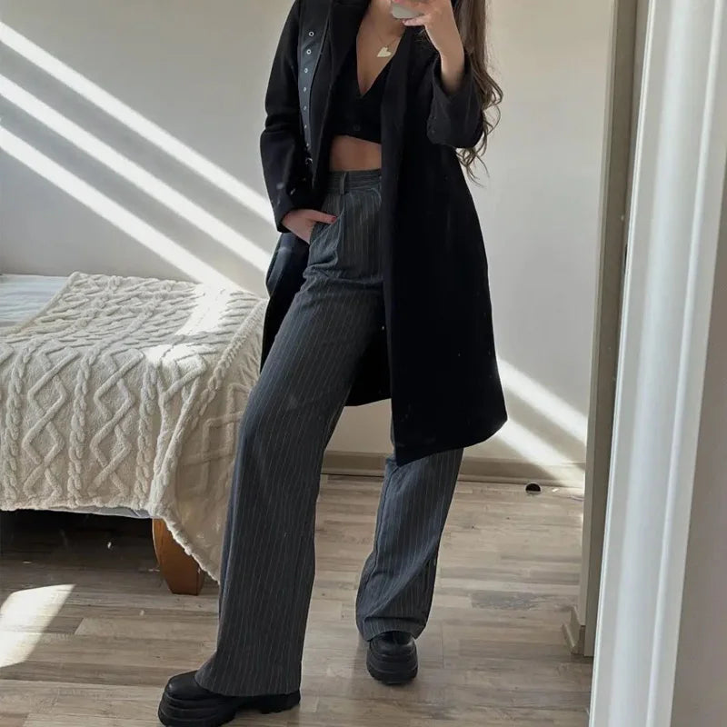 Women High Waist Striped Wide Leg Suit Pants Office Casual Trousers