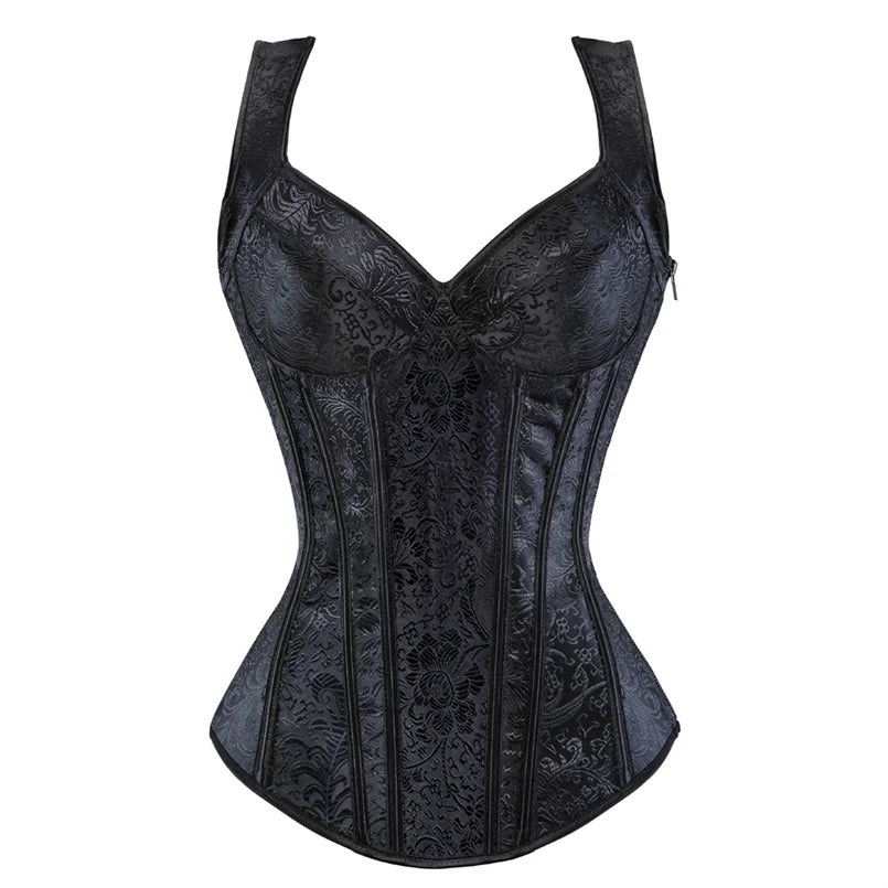Women Black Floral Jacquard Corset Bustier Top