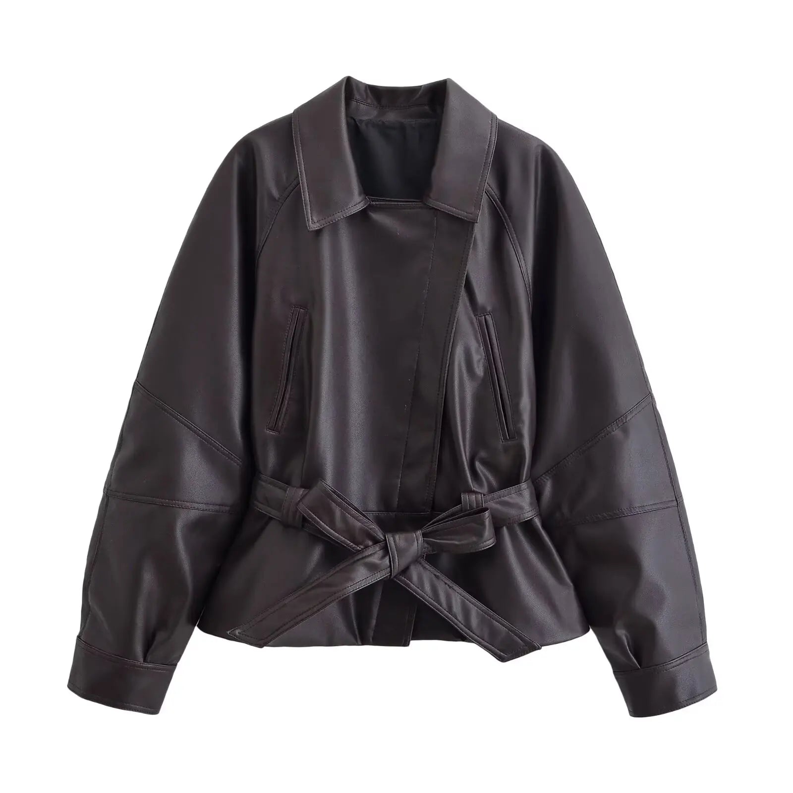 Women Black Faux Leather Trench Coat Belted Long Sleeve Lapel Motorcycle Style Jacket