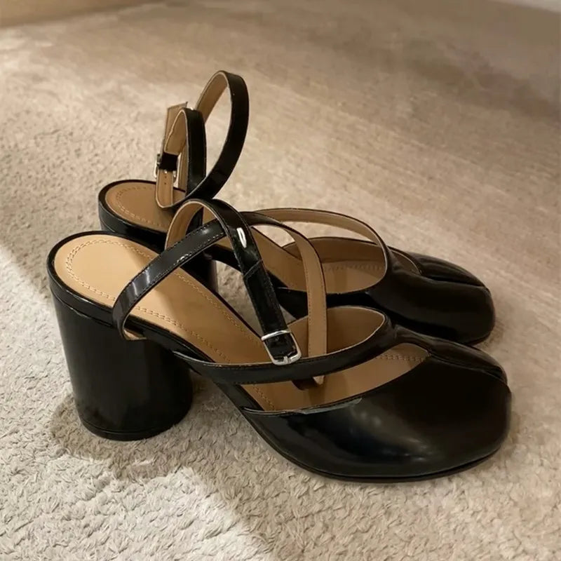 Women Patent Leather Tabi Split Toe Slingback High Heel Pumps Chunky Casual Shoes
