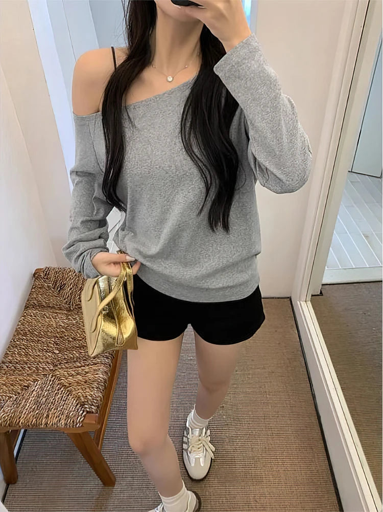 Women Off Shoulder Long Sleeve Loose Sexy Basic Top Casual Blouse