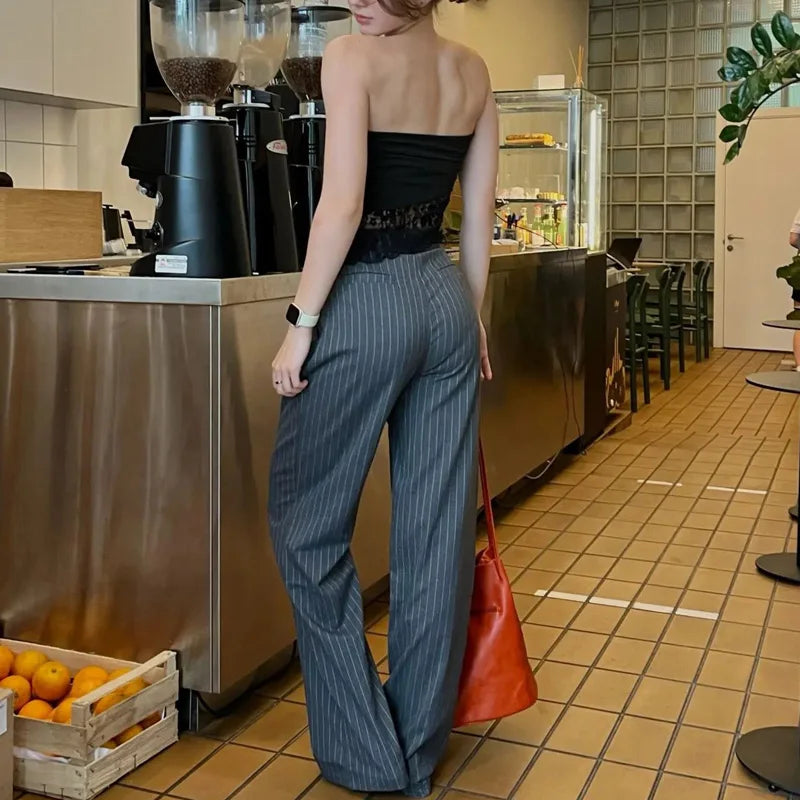Women High Waist Striped Wide Leg Suit Pants Office Casual Trousers