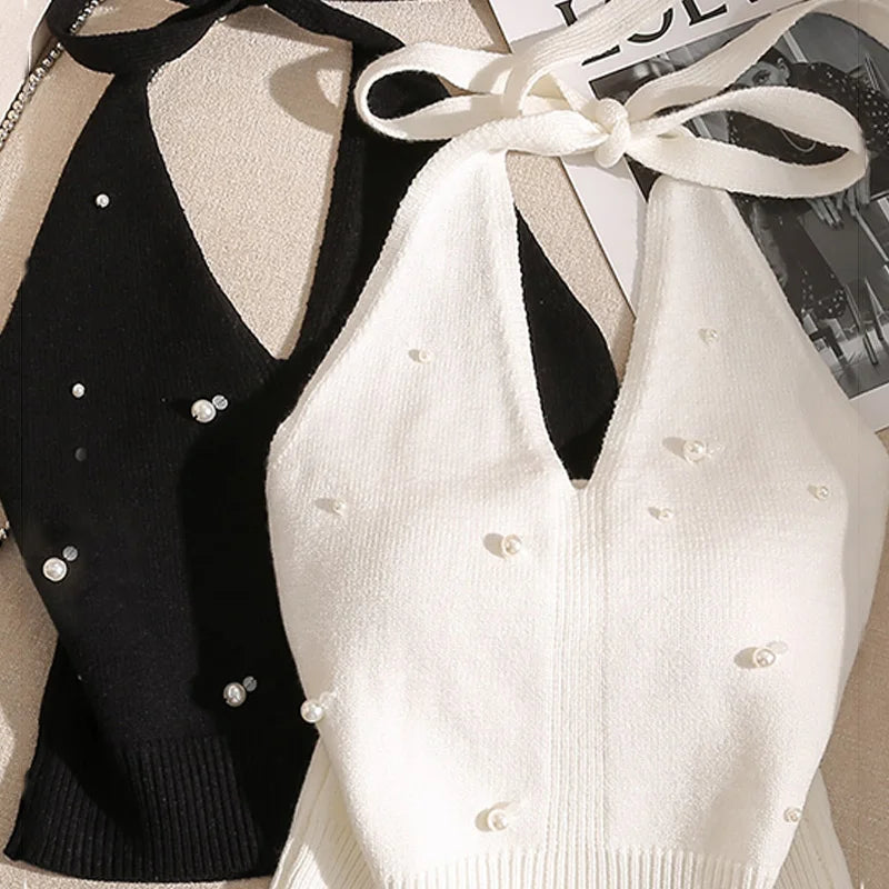 Beaded Halter Neck Knitted Vest for Women Backless Tie Knot Top