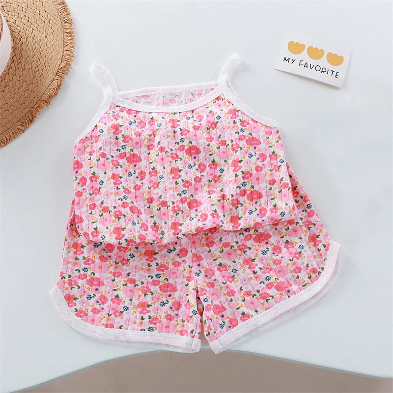 Girls Cotton Sleeveless Vest and Shorts Set Summer Thin Kids Loungewear