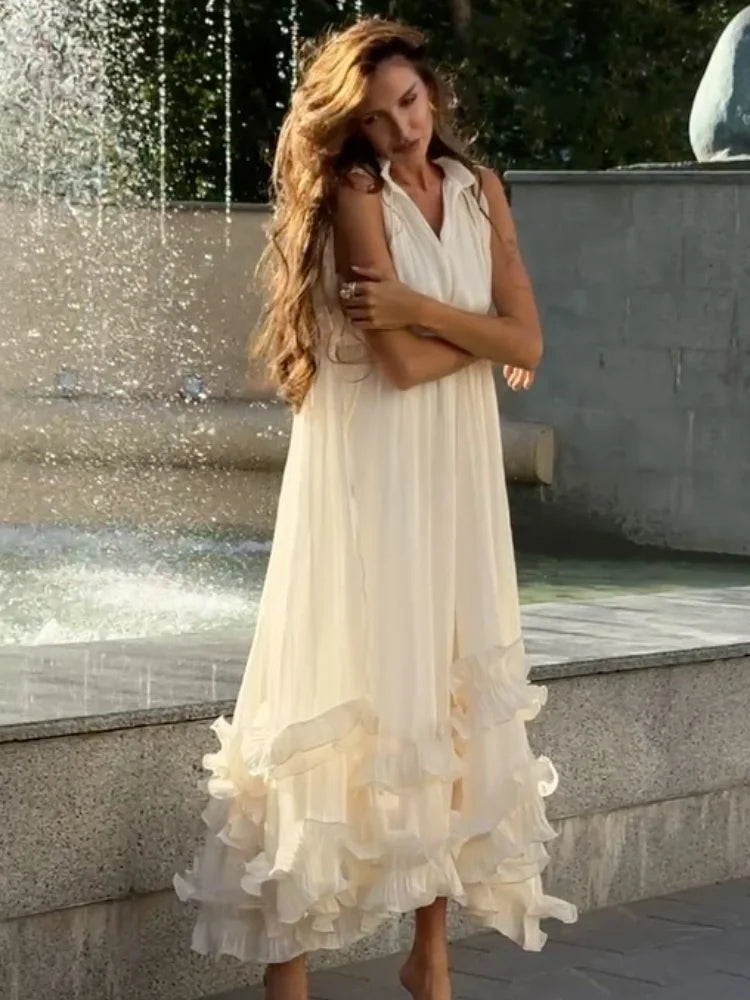 Ruffle Maxi Dress for Women Sleeveless High Waist Summer Dress