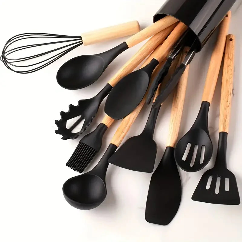 12pcs Silicone Kitchen Utensil Set Wooden Handle Heat Resistant Non Stick Tools