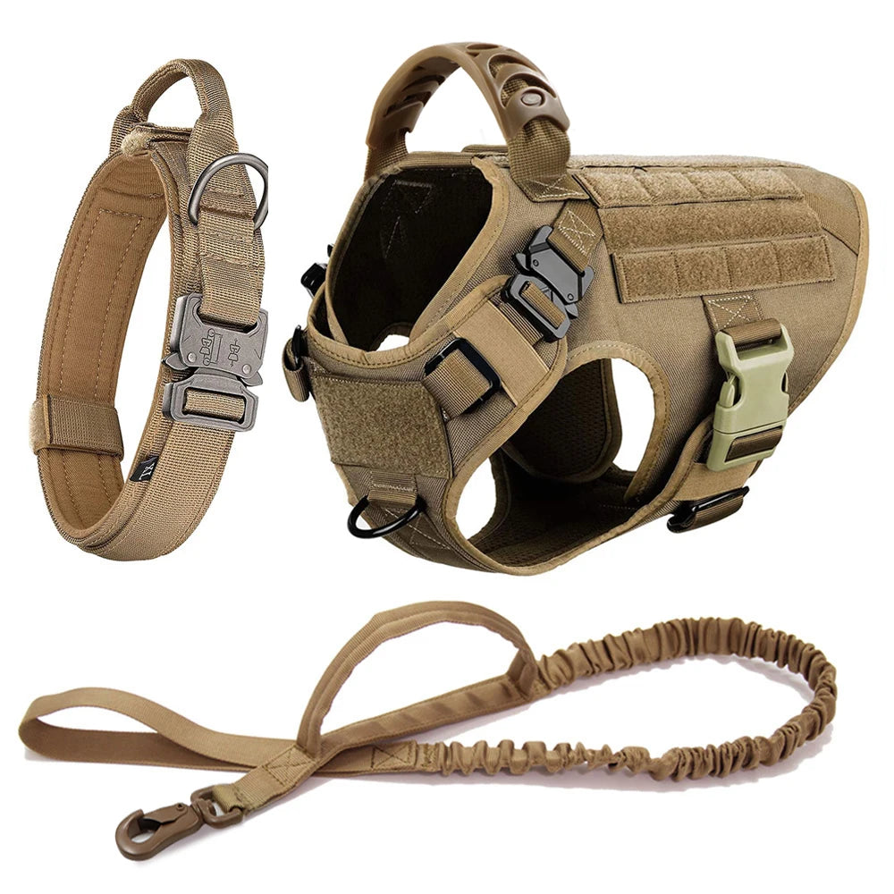 Large Dog Harness Collar Leash Set with Molle Pouches for Training Walking