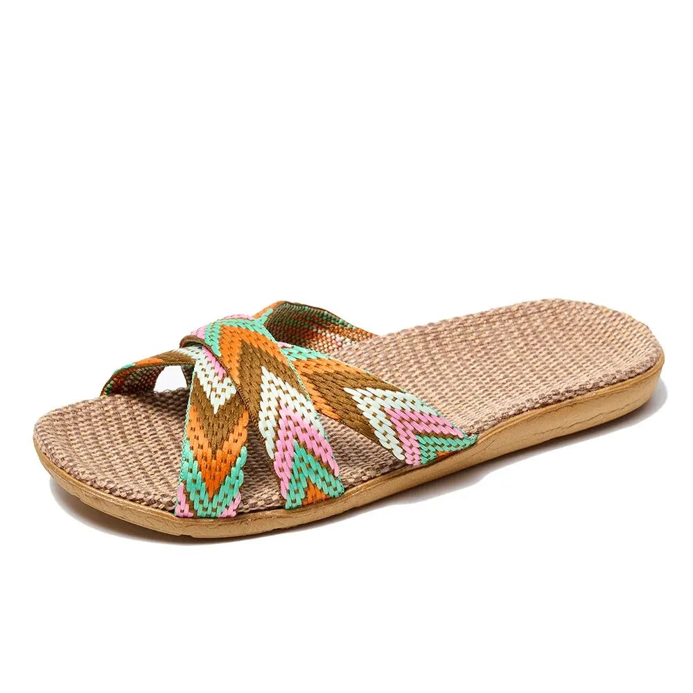 Women Linen Slippers Lightweight Indoor Home Sandals Non Slip Summer Comfortable Flat Slides Casual House Shoes