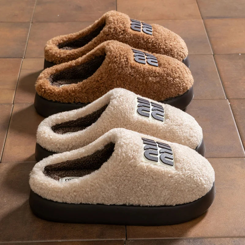 Women Plush Cotton Slippers Thick Sole Winter Indoor Warm Non Slip Home Shoes