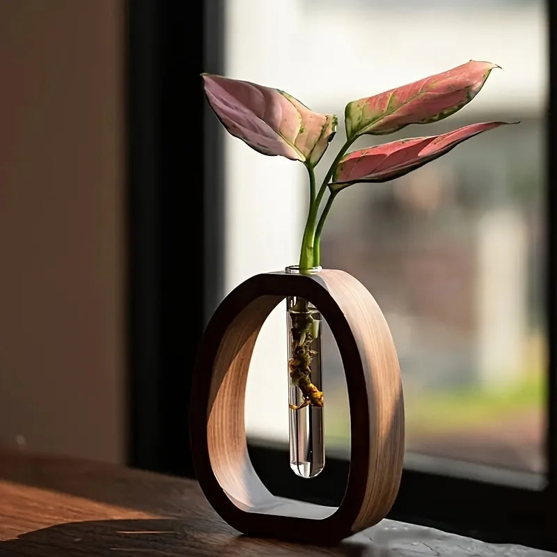 Walnut Wood Hydroponic Vase Glass Plant Holder Mini Flower Arrangement Decor