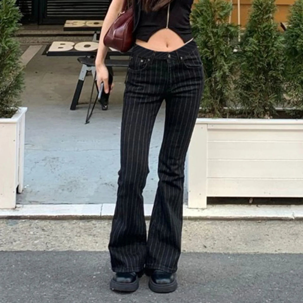 Women Y2K Low Rise Bootcut Flare Jeans Black Striped Denim Streetwear Pants