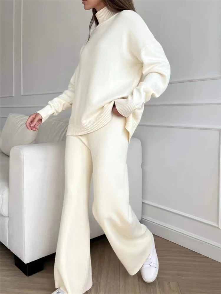 Women Knitted Two Piece Set Turtleneck Sweater and Straight Jogger Pants Winter Tracksuit