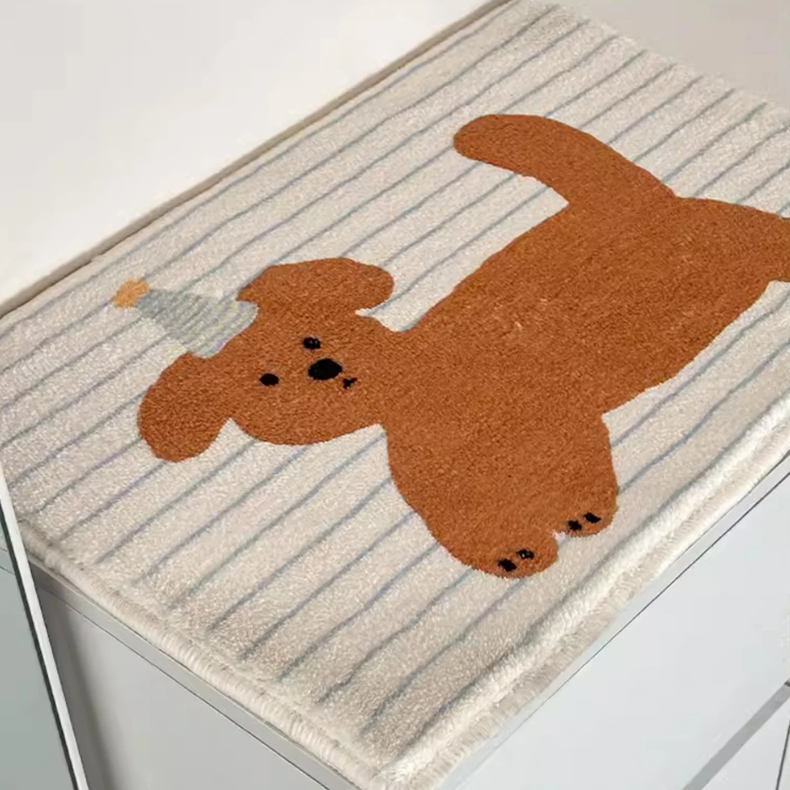 Striped Puppy Fleece Doormat Anti Slip Cute Bathroom Indoor Rug