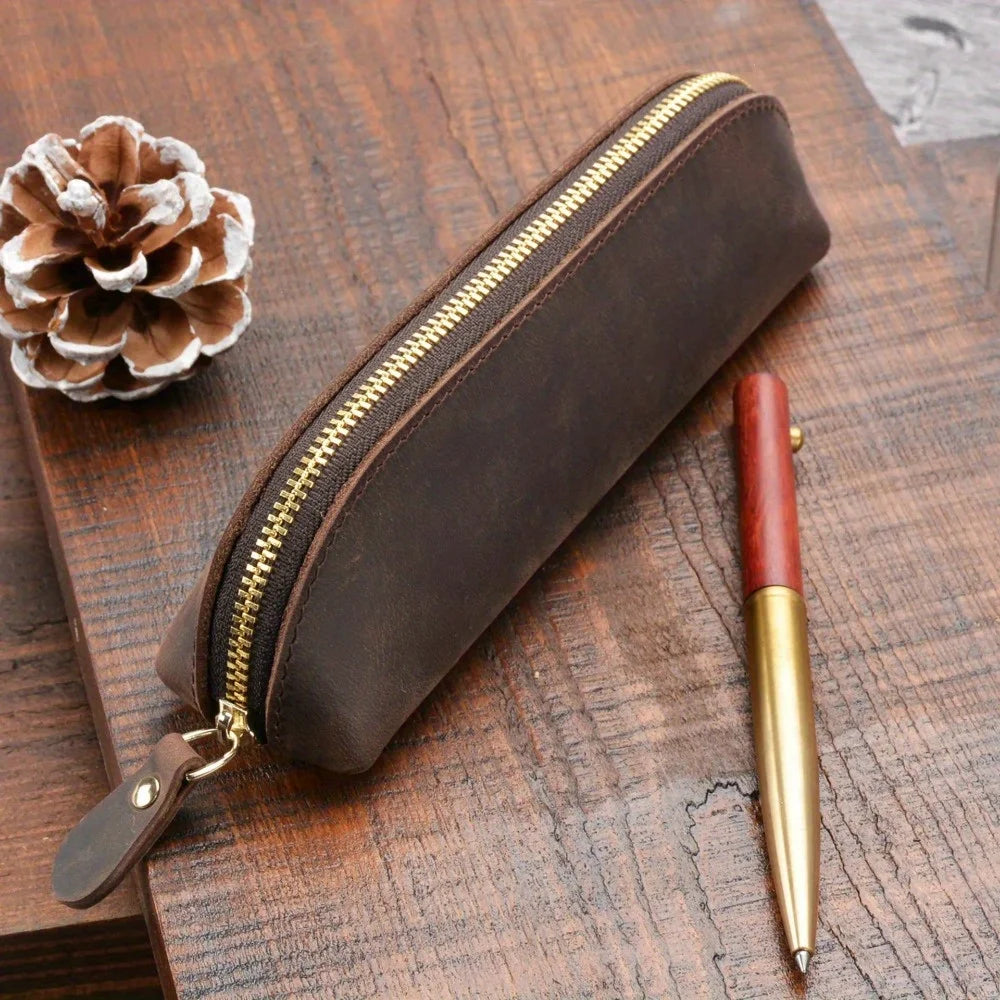 Vintage Leather Pencil Case Zipper Pouch Pen Holder Glasses Storage Bag