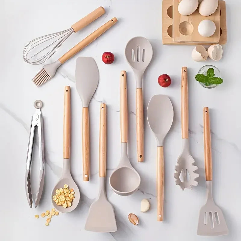 12pcs Silicone Kitchen Utensil Set Wooden Handle Heat Resistant Non Stick Tools