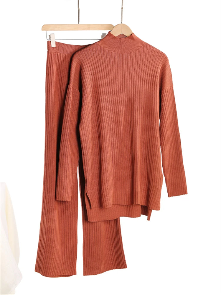 Women Knitted Two Piece Set Turtleneck Sweater and Straight Jogger Pants Winter Tracksuit