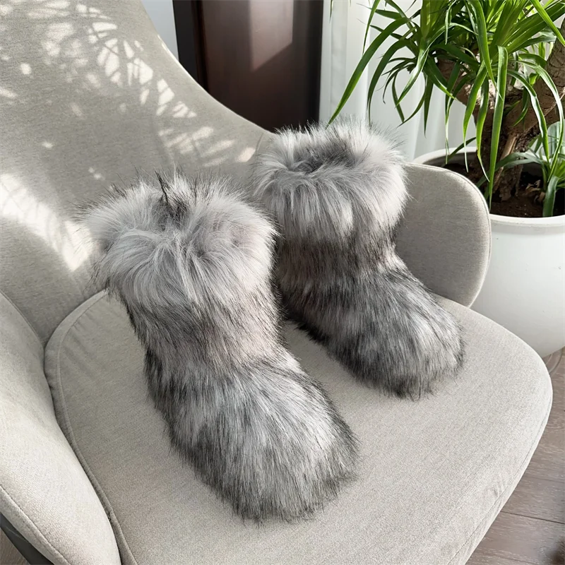 Women Fur Snow Boots Warm Mid Calf Winter Shoes