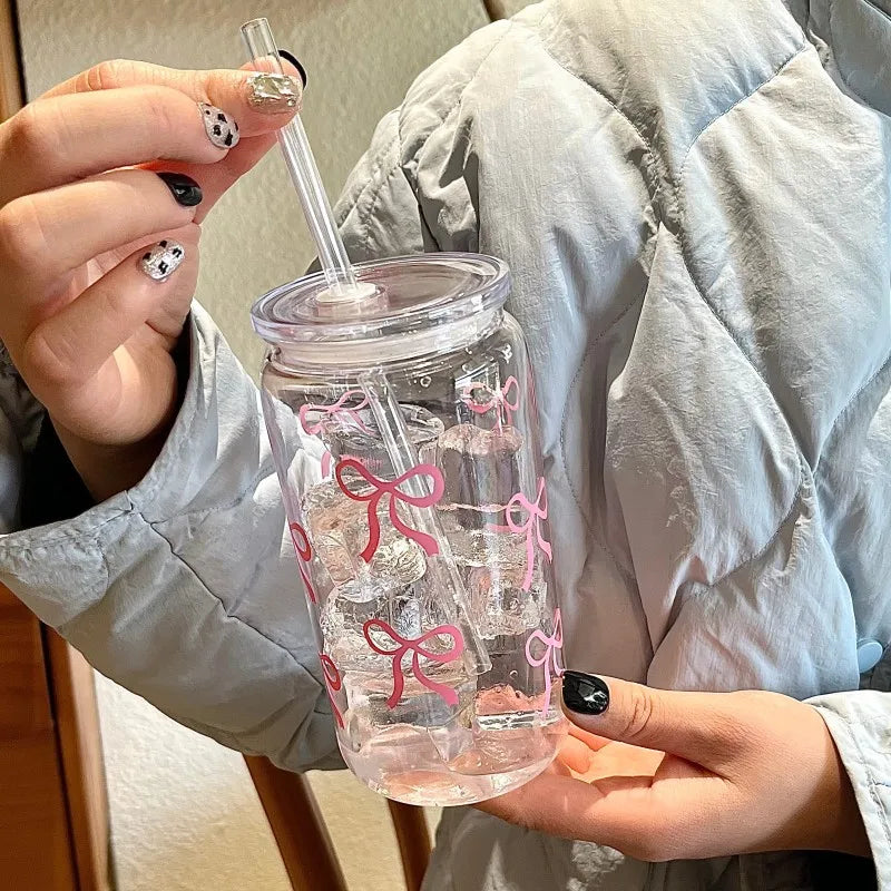 500ml Cute Bow Glass Cup Mason Jar Tumbler With Lid Straw Iced Coffee Juice Bottle