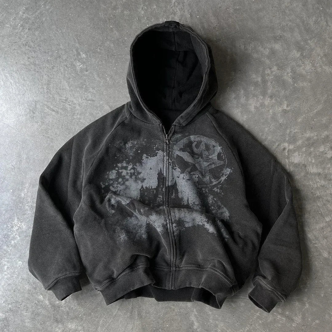 Y2K Gothic Star Print Oversized Zipper Hoodie Unisex Streetwear