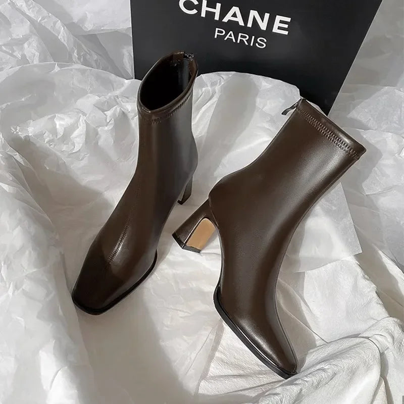 Women Ankle Boots Square Toe Thick Heel Warm Cotton Winter Short Booties