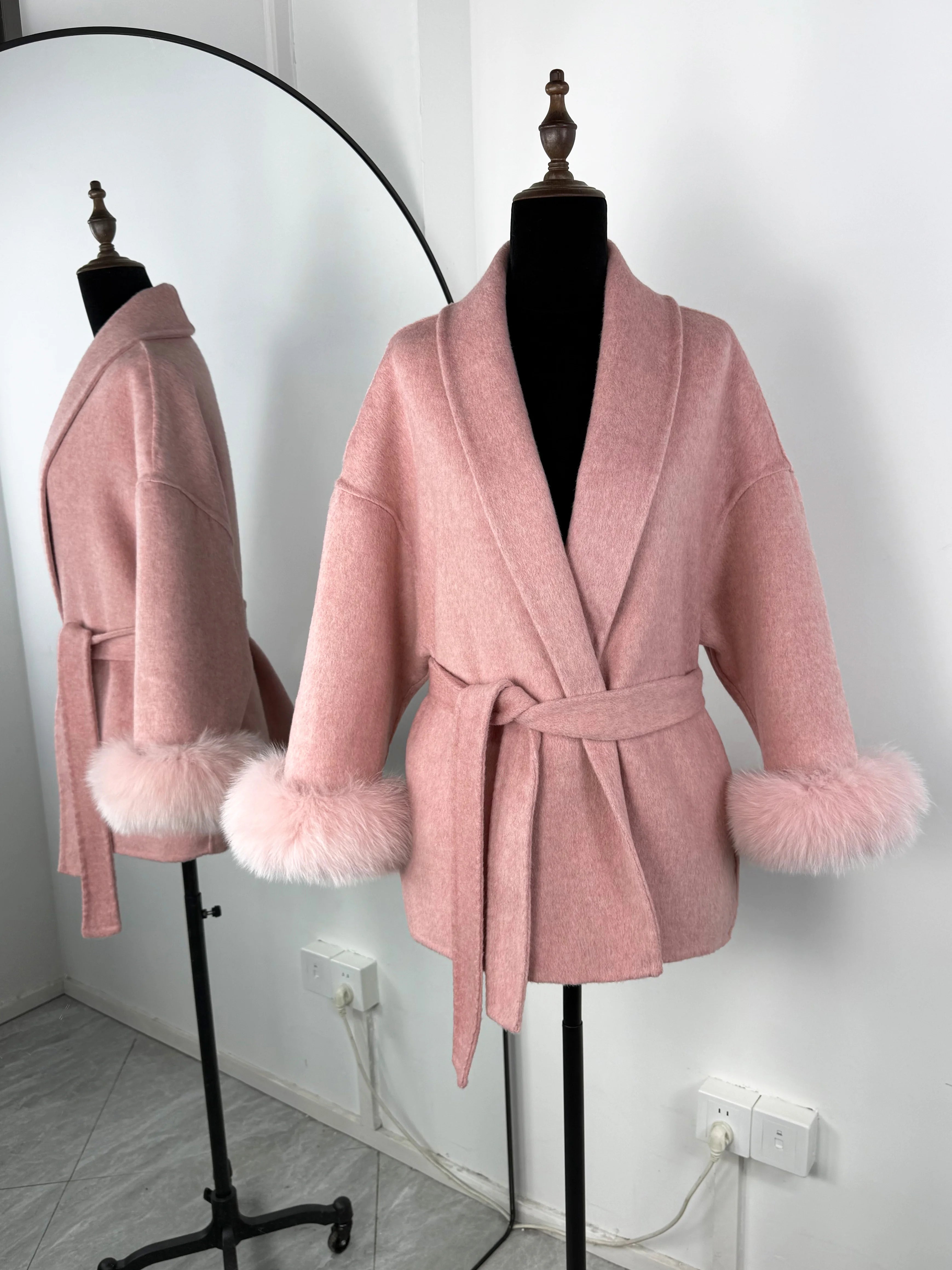 Women Wool Coat Faux Fur Collar Short Double Sided Elegant Jacket