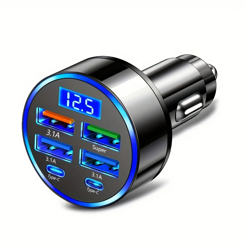 6-in-1 Fast Charging Car Charger – Dual USB & Type-C Ports with LED Voltage Display
