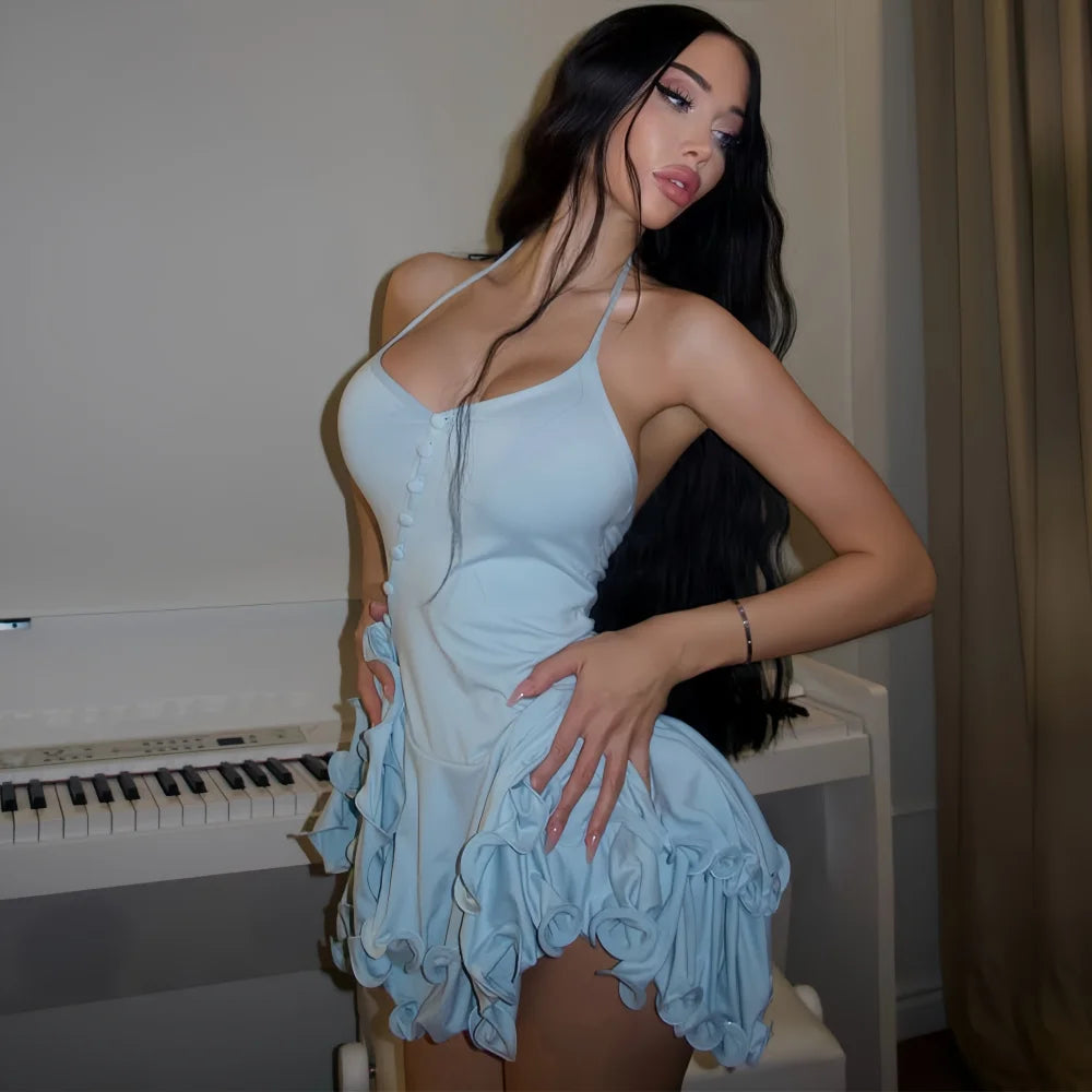 Women A Line Bodycon Mini Dress V Neck Long Sleeve Ruffle Hem Party Streetwear Dress
