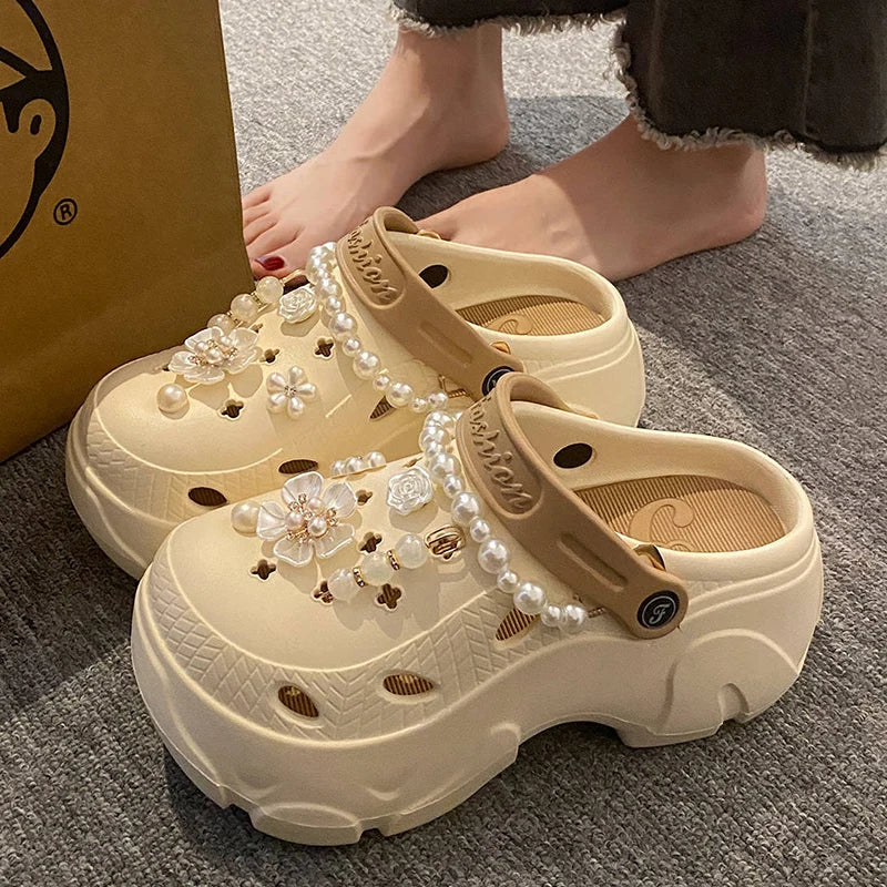 Women Pearl Chain Platform Sandals Thick Sole EVA Beach Garden Non Slip Clogs