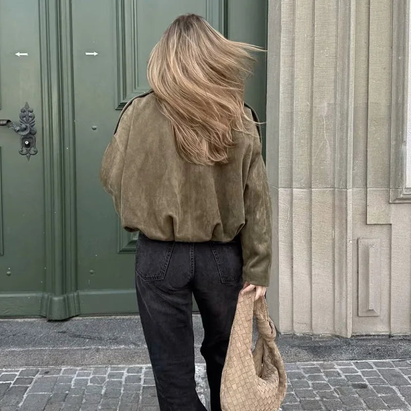 Women Bomber Jacket Vintage Turn Down Collar Loose Fit Coat Chic Outerwear