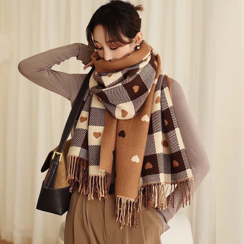 Women Heart Plaid Scarf Thick Winter Blanket Shawl Wrap