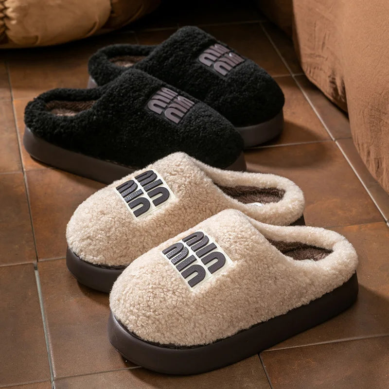Women Plush Cotton Slippers Thick Sole Winter Indoor Warm Non Slip Home Shoes