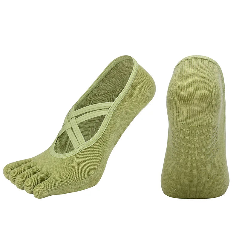 Women Anti Slip Pilates Five Toe Yoga Socks Silicone Grip Cotton Fitness Socks 1–4 Pairs