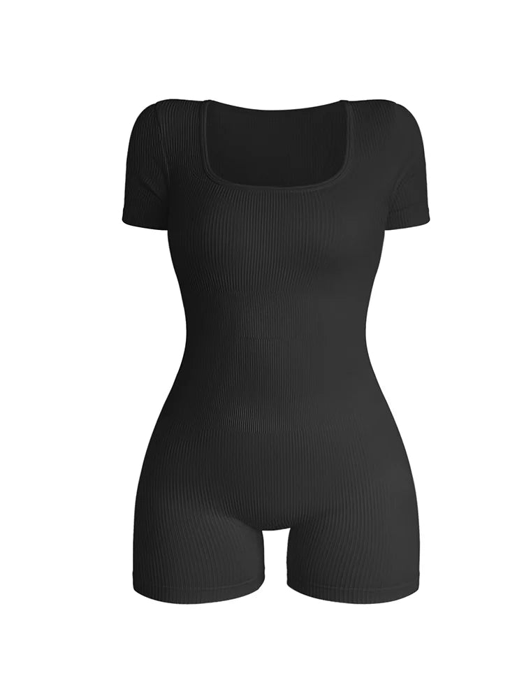 Women Square Neck Bodycon Jumpsuit High Waist Short Sleeve One Piece Outfit