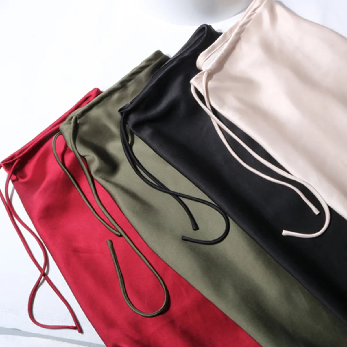 Women Satin High Waist Lace Up Maxi Skirt Elegant Solid Color Long Skirt