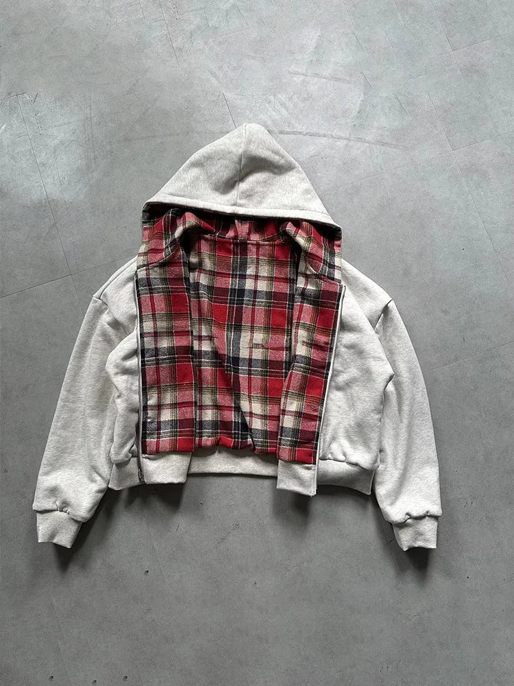 Women Plaid Zip Up Hoodie Double Sided Warm Hooded Sweatshirt