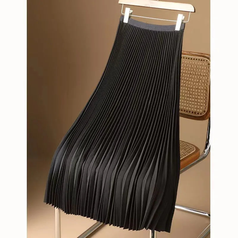 Women Satin Pleated A Line Midi Skirt High Waist Elastic Waist Long Skirt