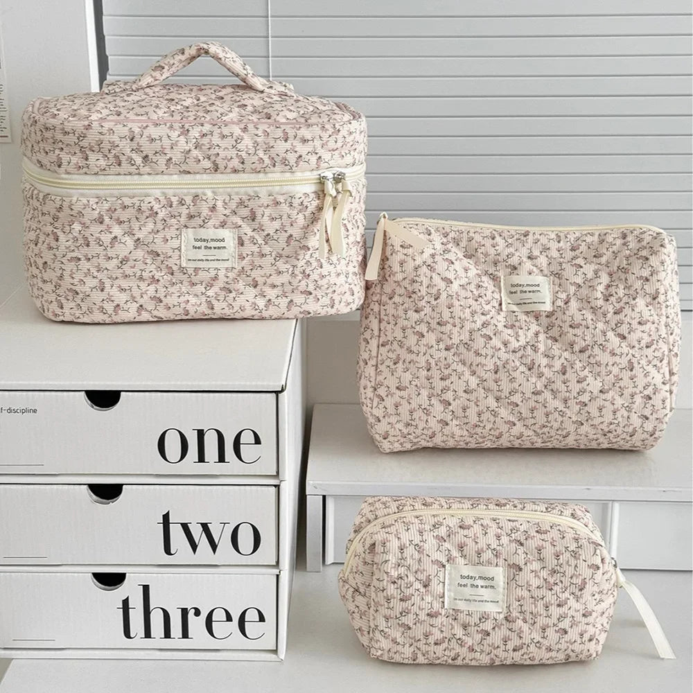 Pink Strawberry Quilted Cosmetic Travel Makeup Storage Bag