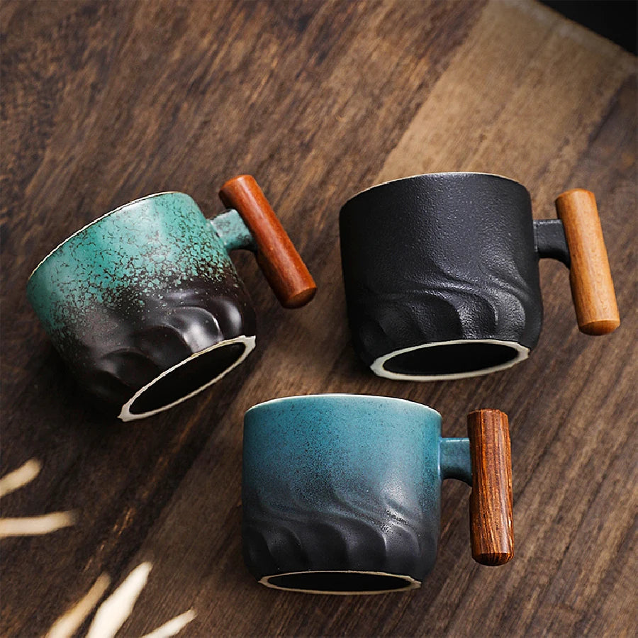 Vintage Coffee Cup Handmade Mug with Wooden Handle for Home Kitchen Bar