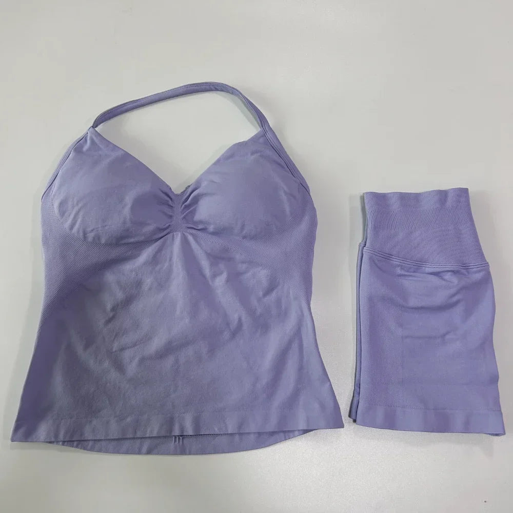 Yoga Set Women Seamless Tank Top High Waist Scrunch Shorts Gym Workout Set