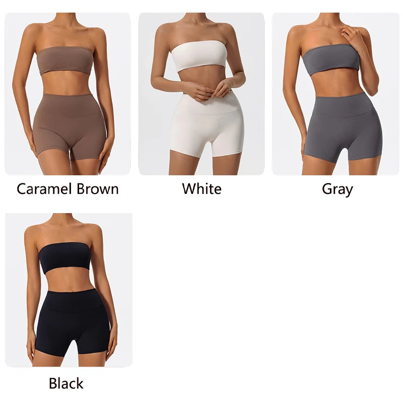 Strapless Gym Set Women Seamless Bandeau Sports Bra High Waist Shorts Workout Outfit
